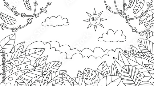 Black and white line art illustration of leaves and flowers