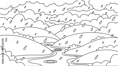 Black and white line art illustration of rainy landscape