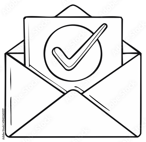 Open Envelope with Checked Document Inside, Hand Drawn Illustration