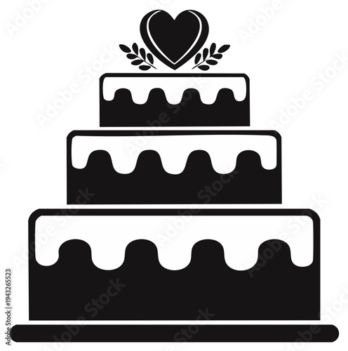 Wedding cake icon with three tiers and heart decoration for a marriage celebration