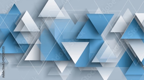 Abstract blue and white triangles floating overlapping in geometric design digital art background