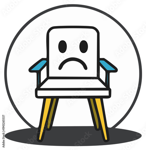 Anthropomorphic sad chair with a facial expression of unhappiness and blue armrests