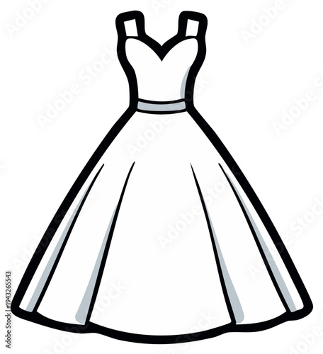 Elegant white dress illustration with sweetheart neckline, black outline, bridal wear, wedding dress
