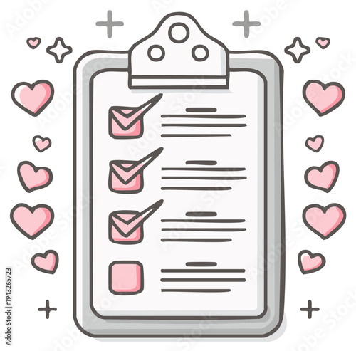 Heart themed checklist illustration, complete tasks, love and planning concept.