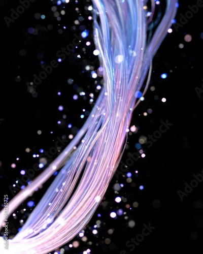Abstract light strands cascade against dark backdrop creating ethereal and dreamy atmosphere with bokeh effect in studio shot
