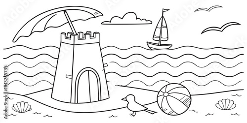 A detailed illustration of a lighthouse standing tall on a rocky shore with waves crashing nearby.