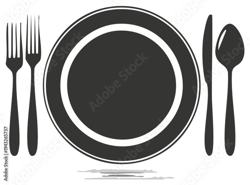 Place setting with plate, fork, knife and spoon for a meal design or template.