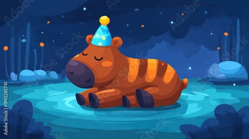 Cartoon Hippo with Party Hat Resting in Water at Night Digital Art Illustration