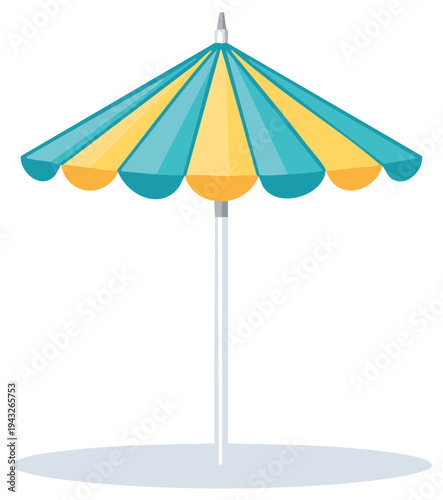 Bright blue and yellow beach parasol on white background with shadow