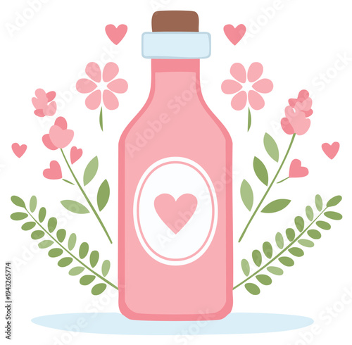 Pink bottle with heart label surrounded by flowers and hearts in a whimsical style