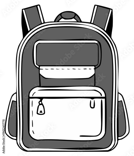 Illustrated graphic of a grey and white school backpack with multiple compartments