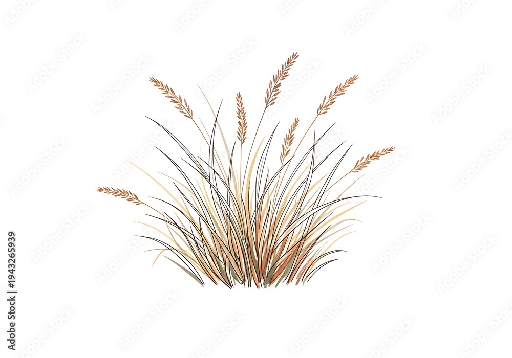 Fototapeta premium Illustration of a clump of ornamental grass with feathery seed heads on a white background