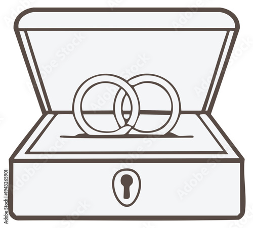 Stylized image of a pair of wedding rings nestled inside a vintage lockbox with a keyhole symbol