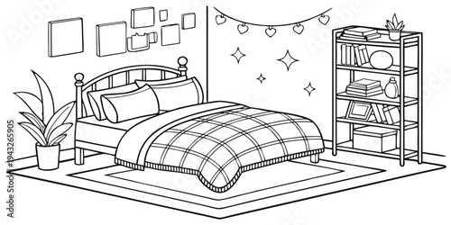 A cozy bedroom with a neatly made bed, a nightstand, and a bookshelf filled with books.