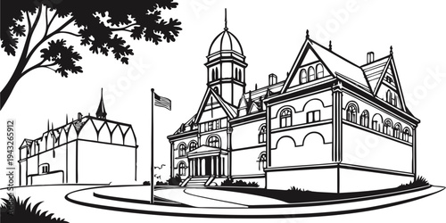 A detailed illustration of a historic castle with towers and a flag on top.