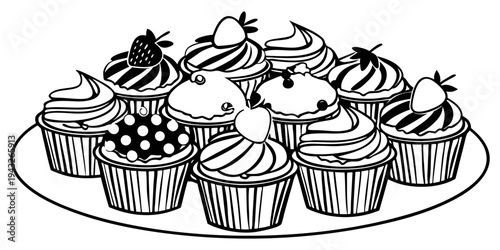 Assorted cupcakes with various toppings arranged on a white plate