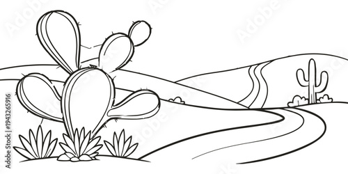 A serene desert landscape with cacti and a resting camel under a clear sky