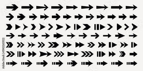 A collection of black arrows in various styles and directions on a grid background. Arrows pointing left, right, up, and down. Bold, geometric arrow designs. Element vector set.