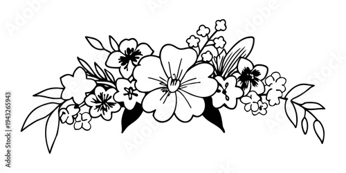 A detailed black and white illustration of a floral wreath with various flowers and leaves
