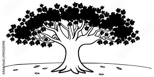 A large, sprawling tree with thick branches and a full canopy of leaves