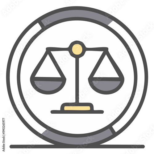 Circular icon conveying the scales of justice with balanced pans, representing fairness and equilibrium within law and legal system.