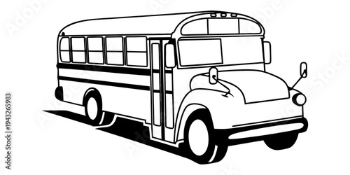 A classic black and white school bus with rounded edges and a vintage design