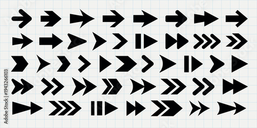 A collection of black arrows in various styles and directions on a grid background. Arrows pointing left, right, up, and down. Bold, geometric arrow designs. Element vector set.