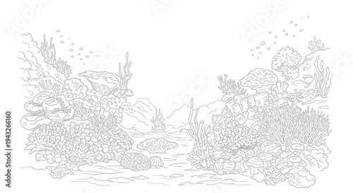 Underwater Coral Reef Scene Line Drawing Illustration