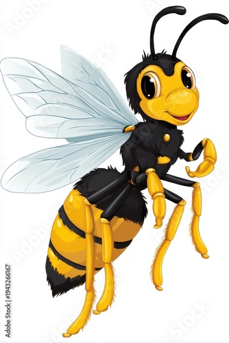Cartoon Bee Flying with Happy Expression Illustration Isolated on White Background Close Up Character Design Honeybee Insect