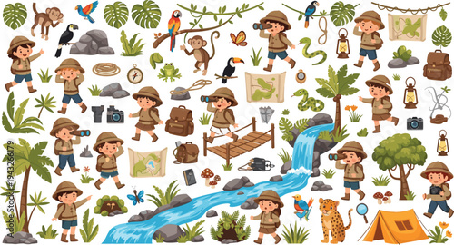 Kids Jungle Explorer Adventure Collection with Tropical Forest Animals, Waterfall Camp, Maps, Binoculars, and Cute Cartoon Children Wildlife Expedition Illustration Set