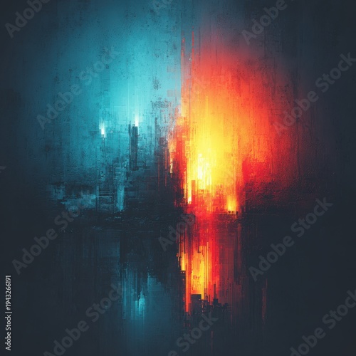 Abstract Digital Art Depicting Fire and Ice Juxtaposition with Pixelated Effect and Dark Background