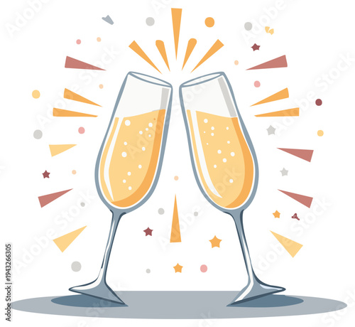Two champagne flutes toasting, celebration with bubbles and festive decorations.