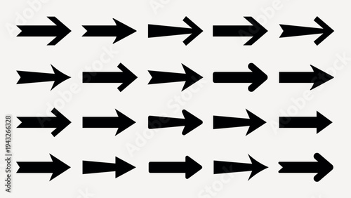 Collection of black arrows pointing right. Various arrow styles and shapes. Arrows in different sizes and designs. Simple black arrow illustrations. Element vector set.
