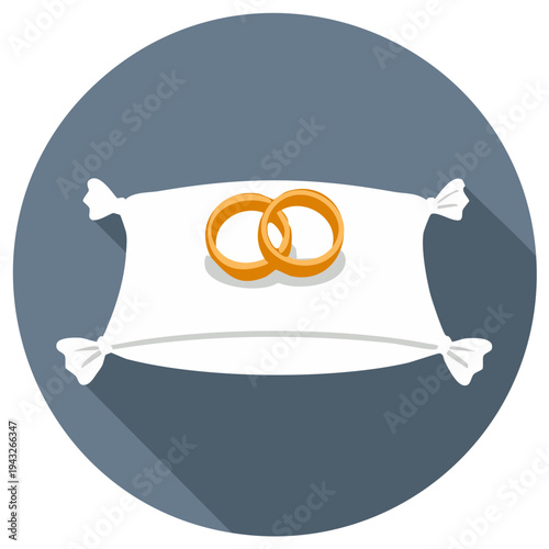 Wedding rings on a white pillow inside a gray circle, vector illustration.