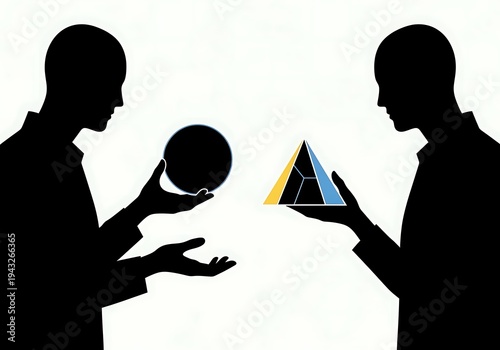 High Quality, Professional Two men in silhouette holding a sphere and a triangular pyramid shape Stock Photo, AI Generated