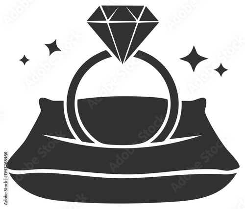 Diamond engagement ring resting on a velvet cushion with sparkling highlights