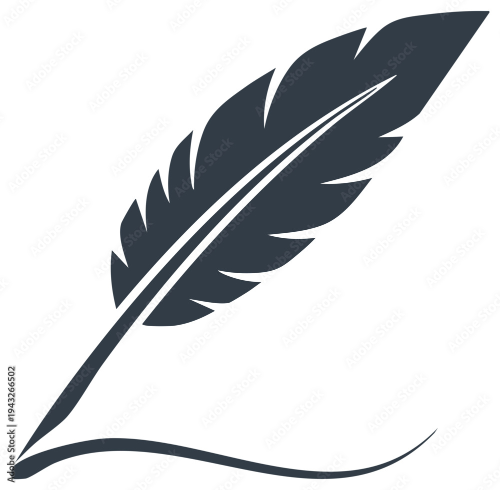 Fototapeta premium Dark feather pen icon with stylized ink stroke graphic