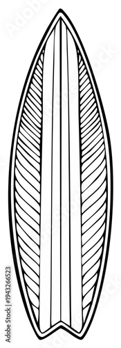 Stylized surfboard illustration with distinct lines and patterns for water sports