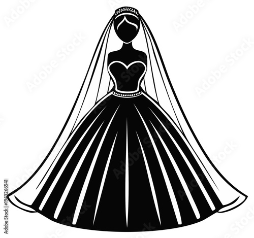 Silhouette Bride in Veil and Full Skirt Wedding Gown with Tiara