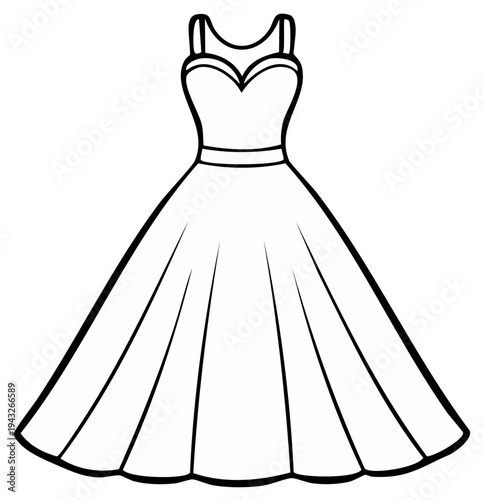 Elegant ball gown silhouette with sweetheart neckline and full skirt, black and white vector illustration