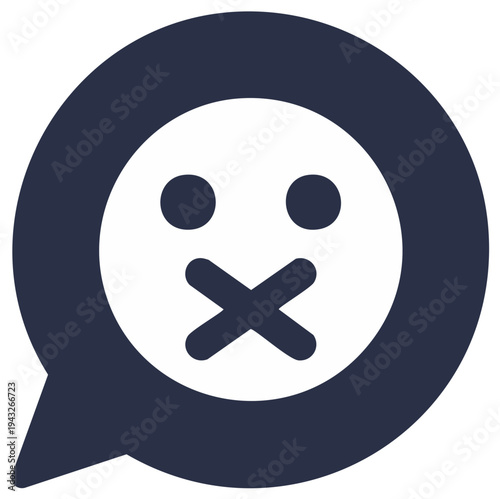 Silent emoji face with an X for a mouth inside a dark communication speech bubble icon symbol