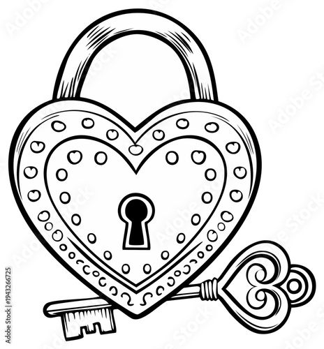Heart shaped lock and vintage key in black and white illustration, romance concept