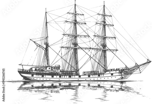 Majestic yacht sailing ship with large sails, cruising on the ocean waves, drawn in an engraved, woodcut style sketch engraving vector illustration. Scratch board. Transparent background EPS version.