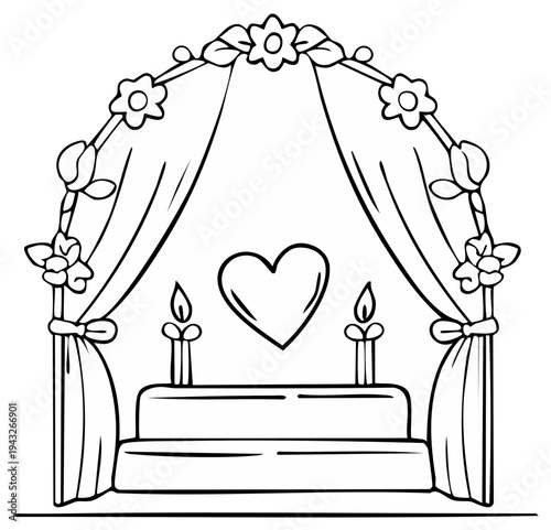 Wedding altar with decorated arch cake and heart symbol celebrating love and commitment