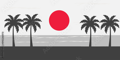 Minimalist tropical landscape illustration with palm tree silhouettes and a large red sun over a gray sea background.