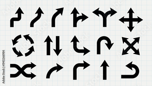Set of black arrow icons on a grid background. Arrows point in various directions: up, down, left, right. Includes curved, straight, and crossed arrows. Element vector set.