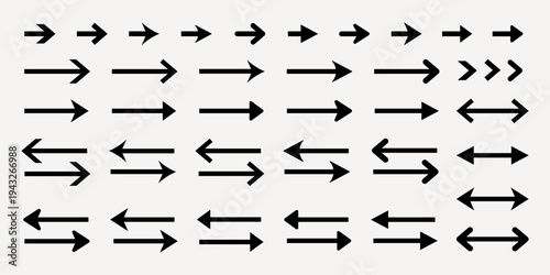Collection of black arrows in various directions and styles. Arrows pointing left, right, and both ways. Simple black arrow designs on a light background. Element vector set.