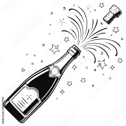 Champagne bottle popping cork with celebratory splashes and stars