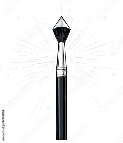 Luxurious makeup brush with diamond shaped tip and radiant light rays bursting from behind.