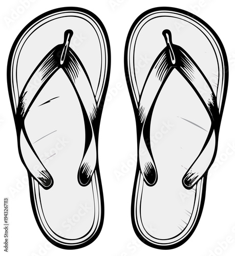Illustration of a pair of beach flip flops in black and white.